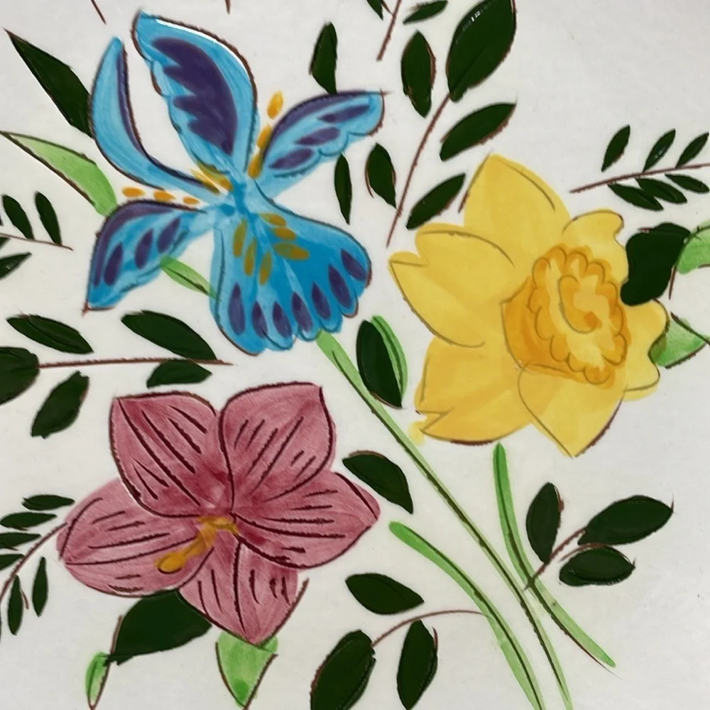 2 VTG Stangl 10” dinner plates Country Garden. Blue iris daffodil hand painted